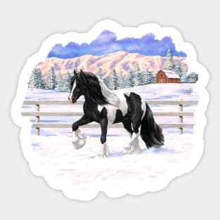 Black Pinto Piebald Gypsy Vanner Draft Horse Trotting in Snow Sticker